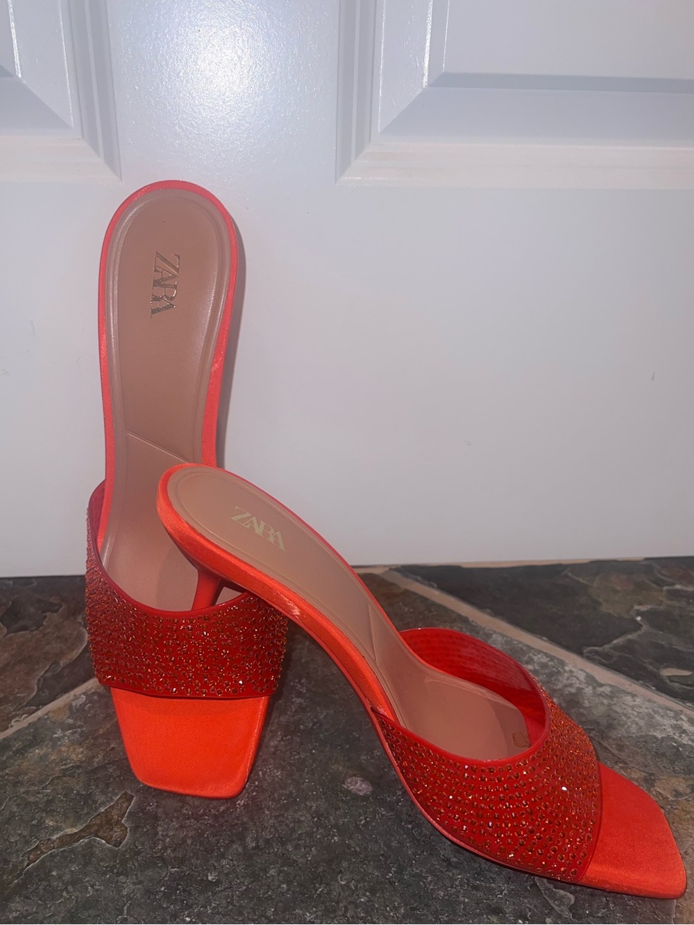 Zara Red/Orange Crystal Embellished Slide Mules